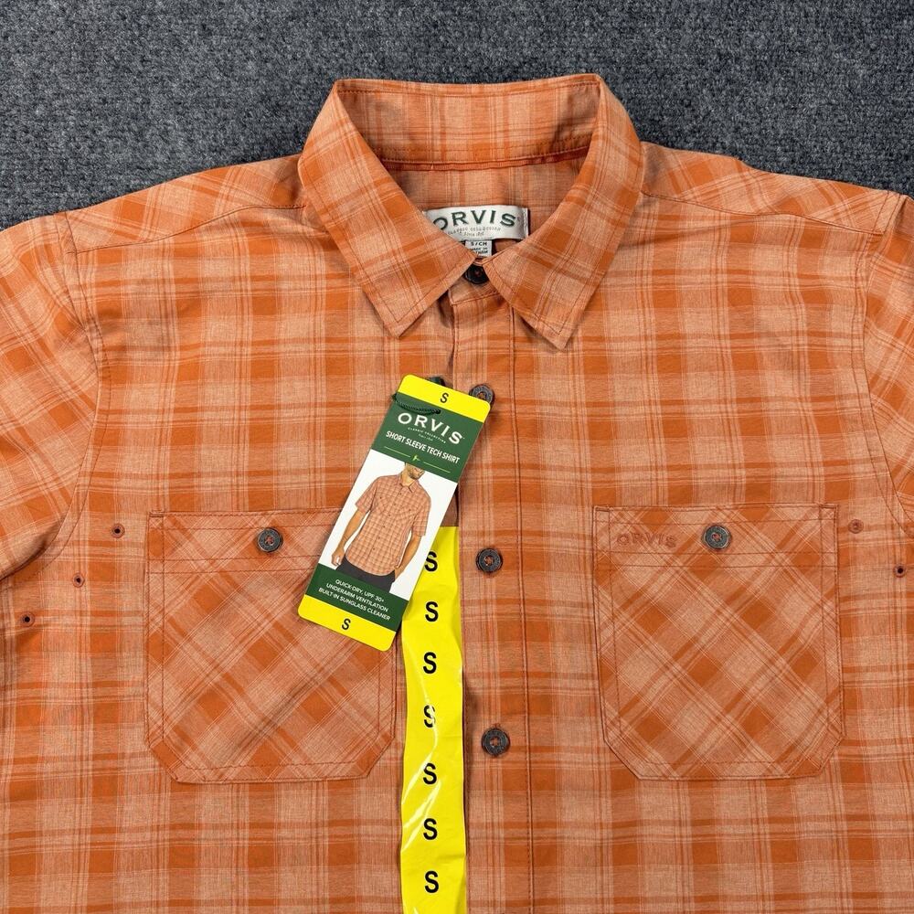 Orvis Plaid Button Down Shirt Men Small Orange Short Sleeve Outdoor Fishing NWT